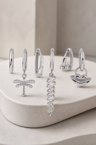 LYKOS Set of 6 Dragonfly and Lip Figured Zircon Stone Earrings - Multiple Hoo...