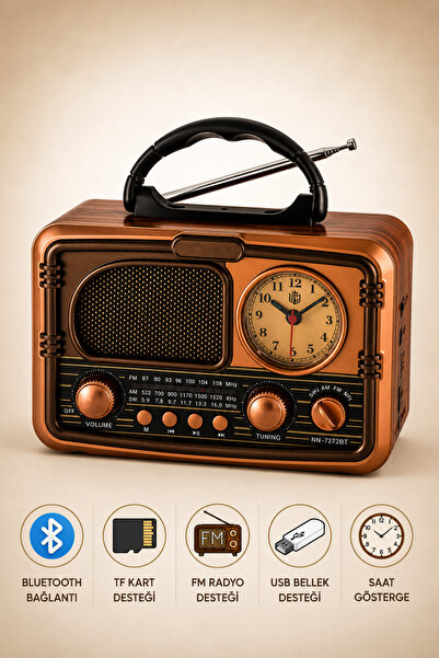 Abbruch Nostaljik Bluetooth Radyo Saatli Retro Tasarım FM Radyo USB TF Kart D...
