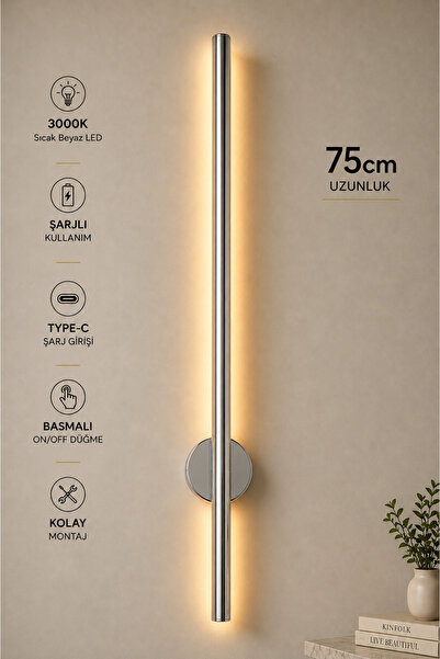 Patoğlu Aydınlatma 75 cm Krom Şarjlı LED Duvar Apliği Type-C Soketli 3000K