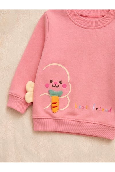 BENBİLGE Baby Girl 2-Piece Shawl Sweatshirt Set Ecru Pink Rabbit Embroidered Appliqué Top