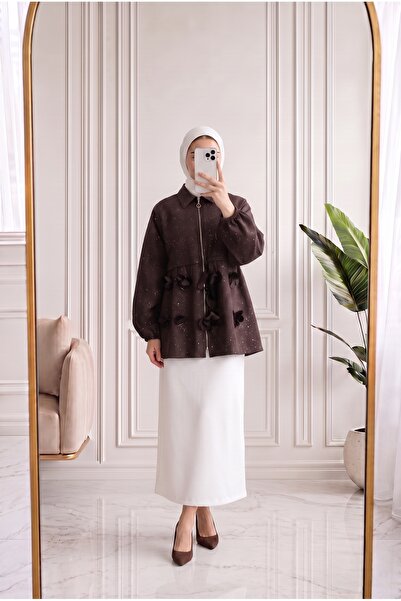 Holehola Melisu Flower Detailed Shimmering Jacket-Bn4726 Coffee