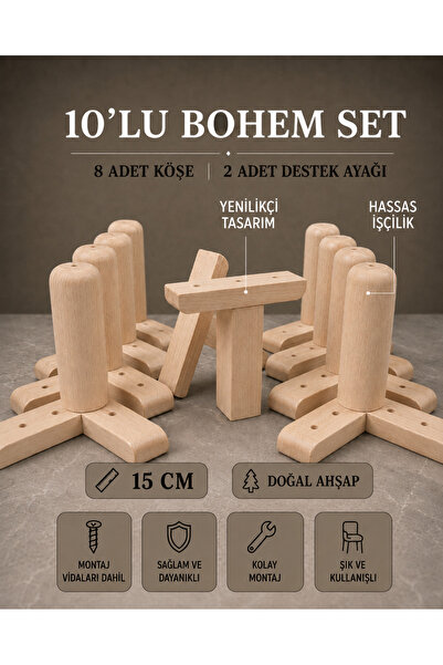 LEGORA WOOD DESIGN 15 Cm Ham Bohem Ahşap Mobilya Ayakları 10'lu Set Köşe Ayak...
