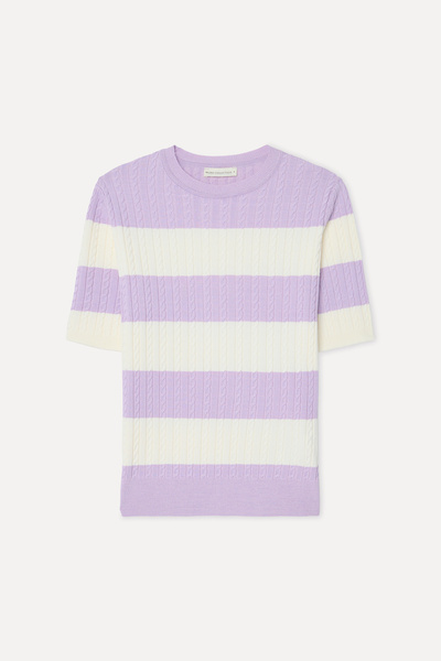 Mudo Women's Lilac Striped Fitted Crew Neck Short Sleeve Sweater