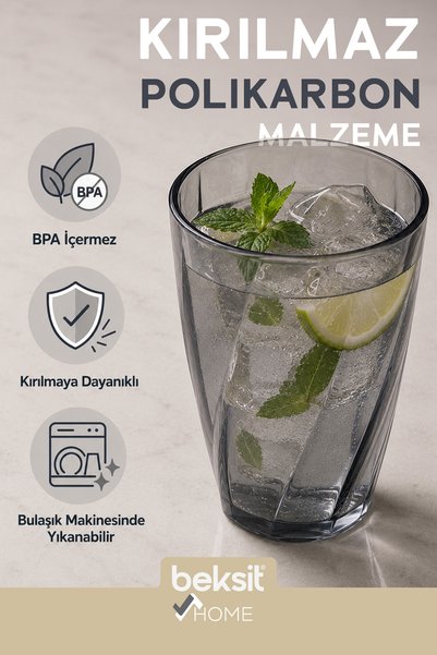 BEKSİT Home Glassy Unbreakable Polycarbonate 6-Piece Glass Set Anthracite (400 ml)