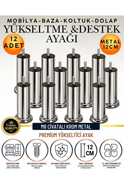 12 Adet 12 Cm M8 Vidalı Metal Krom Ayak Mobilya Ayağı Baza Ayağı Kanepe Ayağı Koltuk Ayağı Yatak Ayağı Yükseltme Ayağı Dolap Ayak Sehpa Sandık Ayakları Değişim Destek Ayağı Yükseltici Aparat Şifonyer