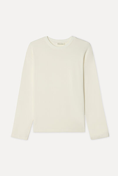 Mudo Women's Ecru Loose Fit Crew Neck Long Sleeve T-Shirt