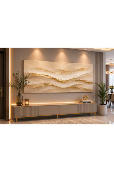 EvimeTablo Krem Bej Gold Soyut Kanvas Tablo – Yatay Dalga Desenli Modern Lüks...