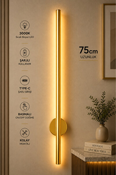 Patoğlu Aydınlatma 75 cm Gold Şarjlı LED Duvar Apliği Type-C 3000K