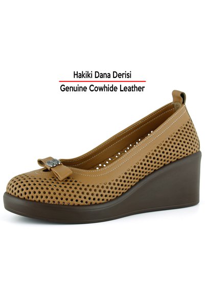 Erkan Saçmacı Midas Tan Perforated Genuine Calfskin Ribbon Round Toe Wedge Heeled Casual Shoes