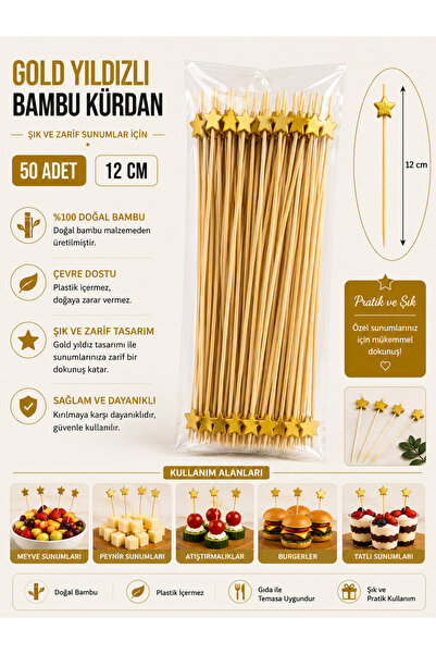 antpap ambalaj Gold Yıldızlı Bambu Kürdan 12 cm – 50 Adet