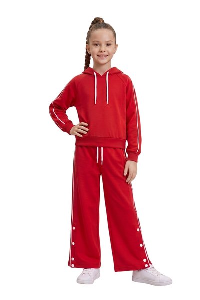 NEWKİDS Girl's Set Children's Long-Sleeved Hooded Outfit with Snap Fasteners and Red Details, Perfect Fit.