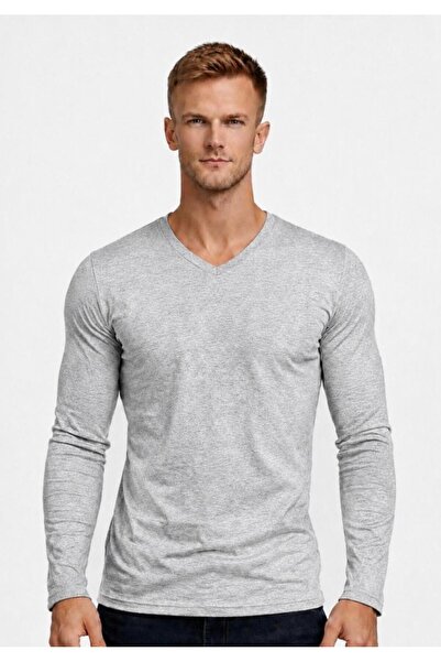 AXXEL Erkek Açık Gri Melanj Pamuklu Likralı Süprem Uzun Kollu T-shirt-D236