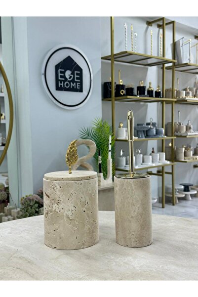 ege gross Decorative Natural Travertine Marble Trash Bin / Brush Gold Bathroo...