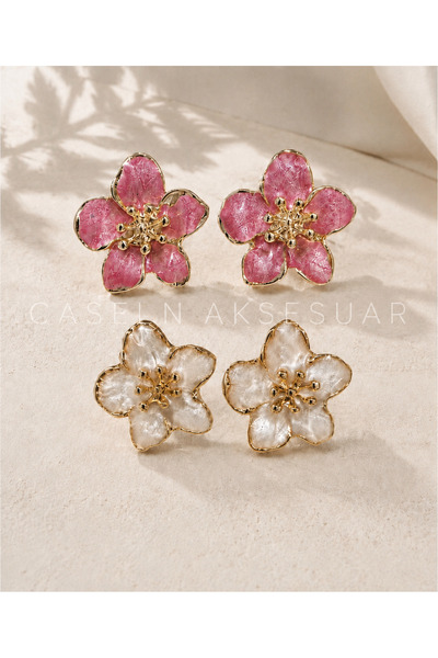 CASELN Women's Set of 2 Cream & Pink Flower Earrings