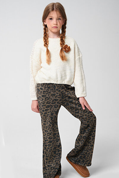 SheShe Cream Color Knitted Blouse and Leopard Pattern Trousers Girl's Set