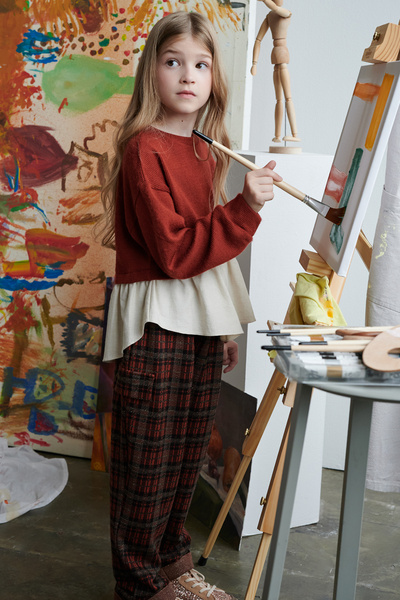 SheShe Shirt Detailed Knitwear Blouse and Checkered Pants Set