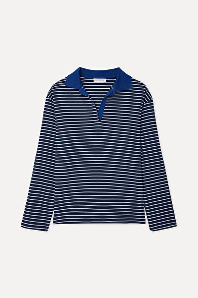 Mudo Women's Navy Blue Striped Loose Fit Polo Collar Sweatshirt