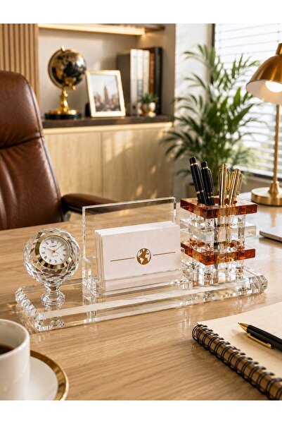 HediyeFilesi Kristal Cam Executive Desktop Set – Clock, Business Card Holder ...