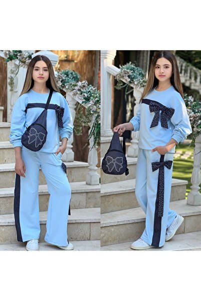 zavera for kids Girl's 3-Piece Set with Stone Bow Detail, Denim Stripes and Bag