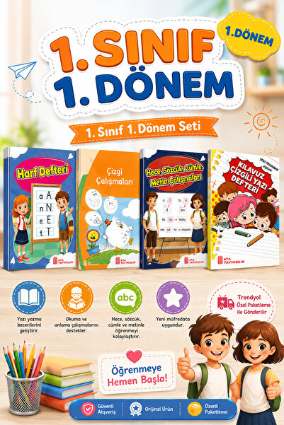 Ata Yayıncılık 1. Sınıf (1.Dönem) Çizgi Çalışmaları-Harf Defteri-Renkli Hece ...