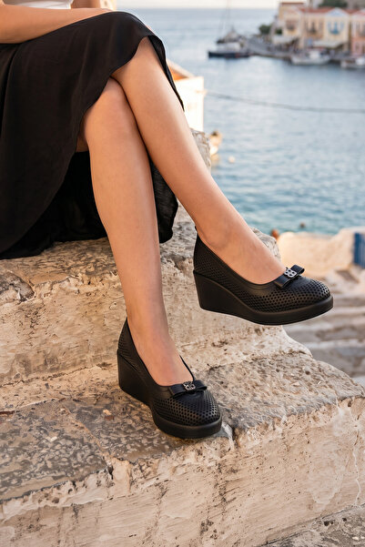 Erkan Saçmacı Midas Black Perforated Genuine Calfskin Ribbon Round Toe Wedge ...