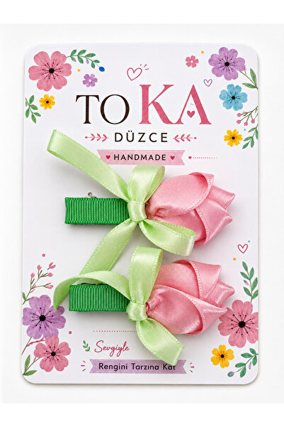 Pembe Gül & Mint Yeşili Kurdeleli Timsah Toka – 2’li Set