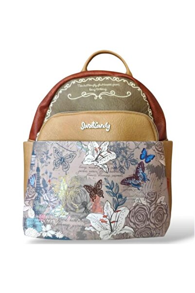Sweet Candy Butterfly Design Synthetic Backpack for Women with Exterior Pockets