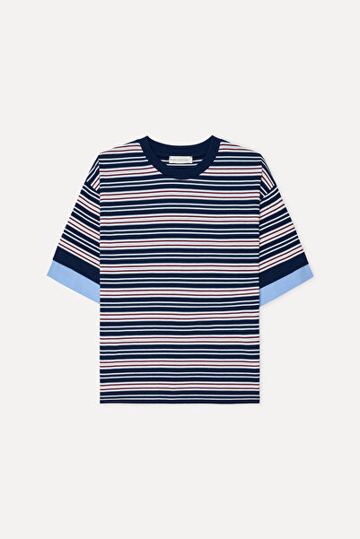 Mudo Women's Navy Blue Striped Loose Fit Crew Neck T-Shirt