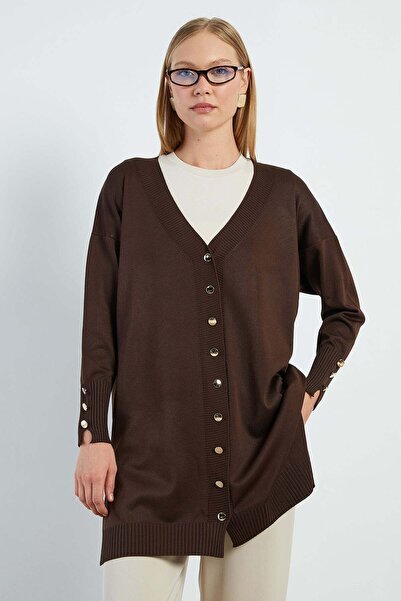 Fulla Moda V-Neck Cardigan with Sleeve Button Detail