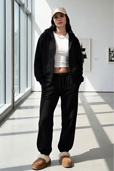 stg spor toptan giyim Women's Black Cardigan Jacket Black Cuffed Elastic Trac...