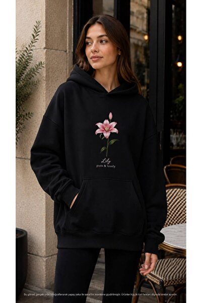 caddekombin Women's Lily Flower Printed Hooded Kangaroo Pocket Cotton Casual ...