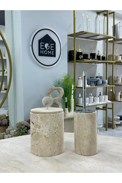 ege gross Decorative Natural Travertine Marble Trash Can / Brushed Silver Bat...