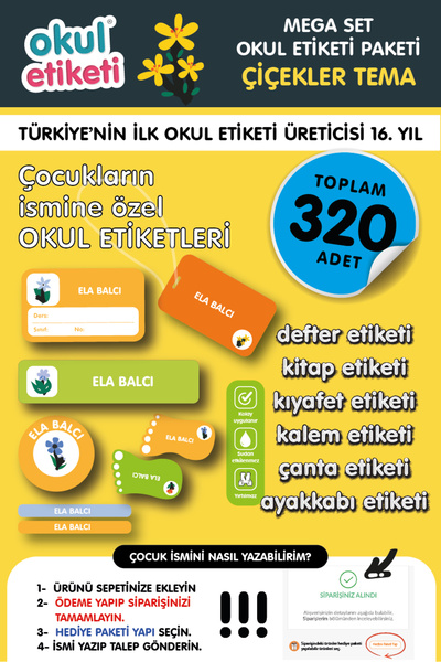 OKUL ETİKETİ BASKI MEGA ÇİÇEKLER TEMALI PAKET İSME ÖZEL OKUL ETİKETİ / STICKE...