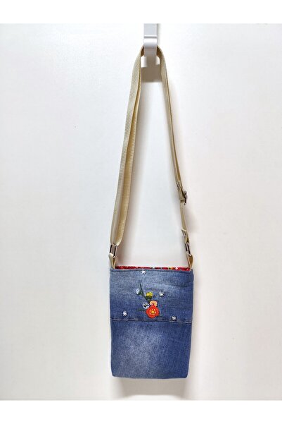 minart design Red Floral Detailed Front Pocket Denim Messenger Bag Suitable for Carrying Mobile Phones