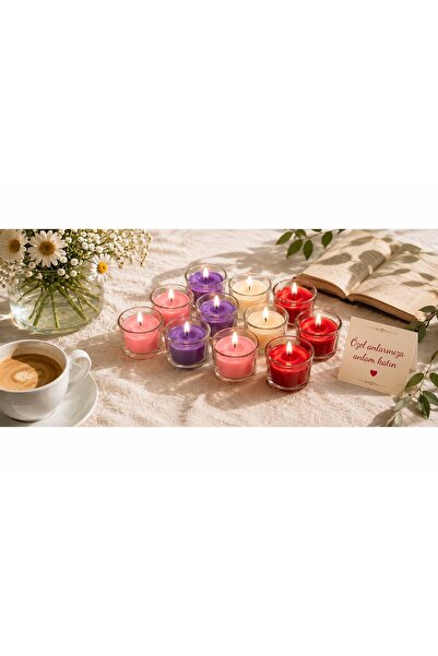 Floraglow 12’li Mum Seti 4 Renk Pembe Mor Kırmızı Krem Cam Kapta Dekoratif Mum