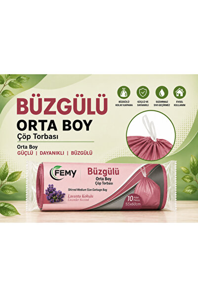Femy Meyve kokulu orta boy büzgülü çöp torbası 10'lu rulo 5 paket