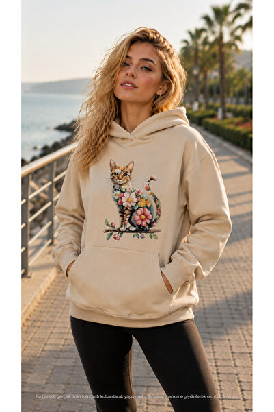 caddekombin Women's Floral Patterned Cat Printed Hooded Kangaroo Pocket Cotto...
