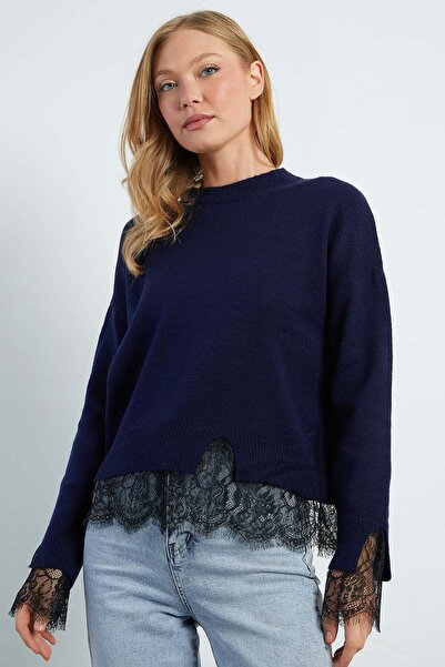 Fulla Moda Crew Neck Knit Sweater with Lace on Sleeves and Hem