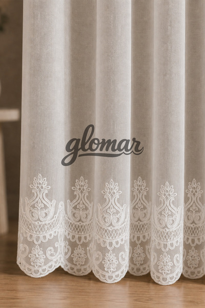 GLOMAR Eteği İşlemeli Çiçek Desenli Tül Perde TTM Zemin Ağır Gramajlı Sık Pil...