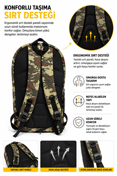 Frank Martin Kamuflaj Su Geçirmez Çok Gözlü Kampçı Seyahat Körüklü Outdoor 55 10 Lt Dağcı Sırt Çantası