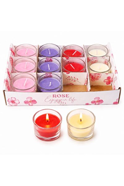 Floraglow 12’li Mum Seti 4 Renk Pembe Mor Kırmızı Krem Cam Kapta Dekoratif Mum