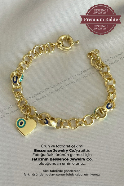BESSENCE JEWELRY CO. 14K Gold VIP Çelik Bileklik Kalp Charm Nazar Boncuklu, 1...