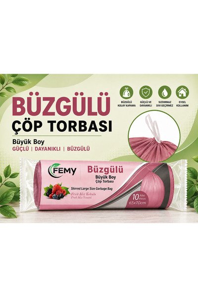 Femy Meyve kokulu büyük boy büzgülü çöp torbası 10'lu rulo 5 paket