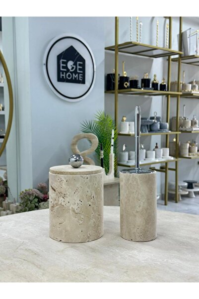 ege gross Decorative Natural Travertine Marble Trash Can / Brushed Silver Bat...