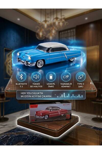Genel Markalar Klasik Araba Tasarımlı Bluetooth Hoparlör – 10W Güçlü Ses, LED Far Işıklı, FM & USB Destekli