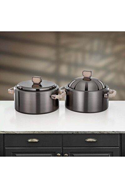Almarjan 2 Pieces Hot Pot Set, Brushed Matt Gun Black & Travertine Marble