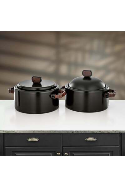 Almarjan 2 Pieces Hot Pot Set, Matt Black & Dark Wood