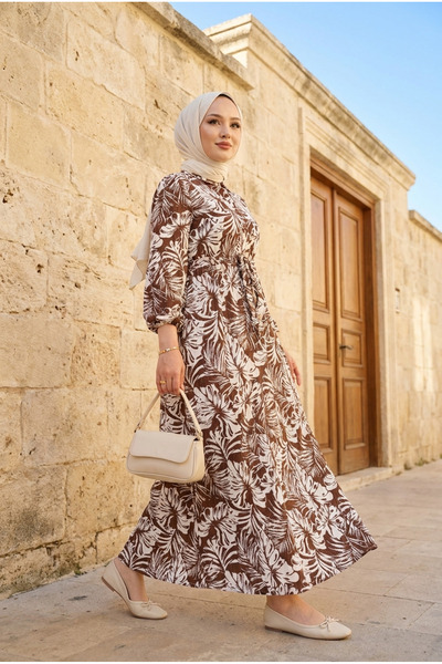Kirazca Butik Women's Leaf Patterned Wrinkled Fabric Long Dress with Drawstri...