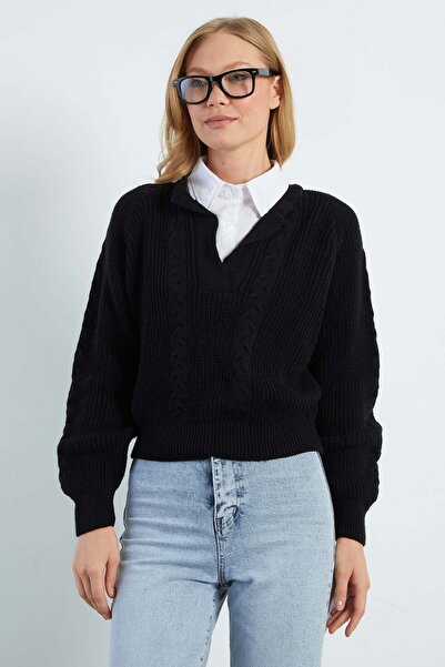 Fulla Moda Hair Braid Patterned Shirt Collar Knitwear Sweater
