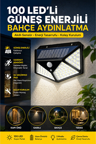 SYN AKSESUAR 100 LEDLİ Güneş Enerjili Hareket Sensörlü Solar Bahçe Duvar Apli...